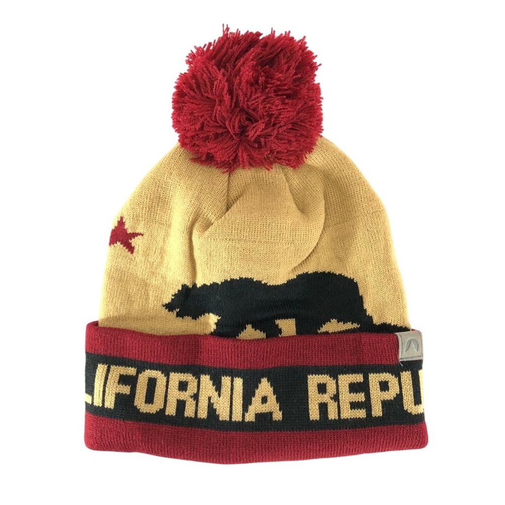 Cirque CA California Beanie Hat Bear Pom Cuffed Burgundy Brown Unisex One Size